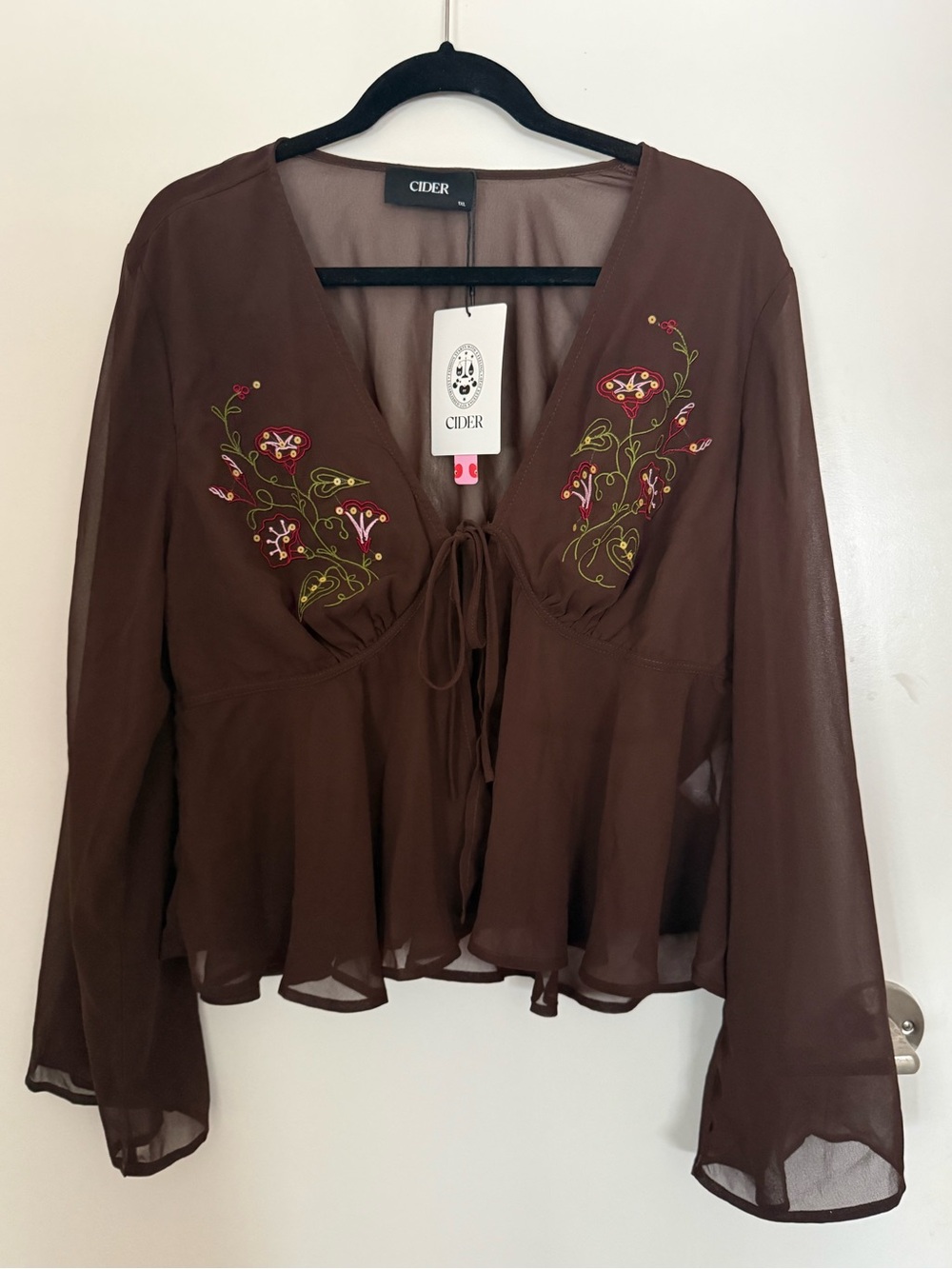 Cider Brown Sheer Tie-Front Blouse with Floral Embroidery